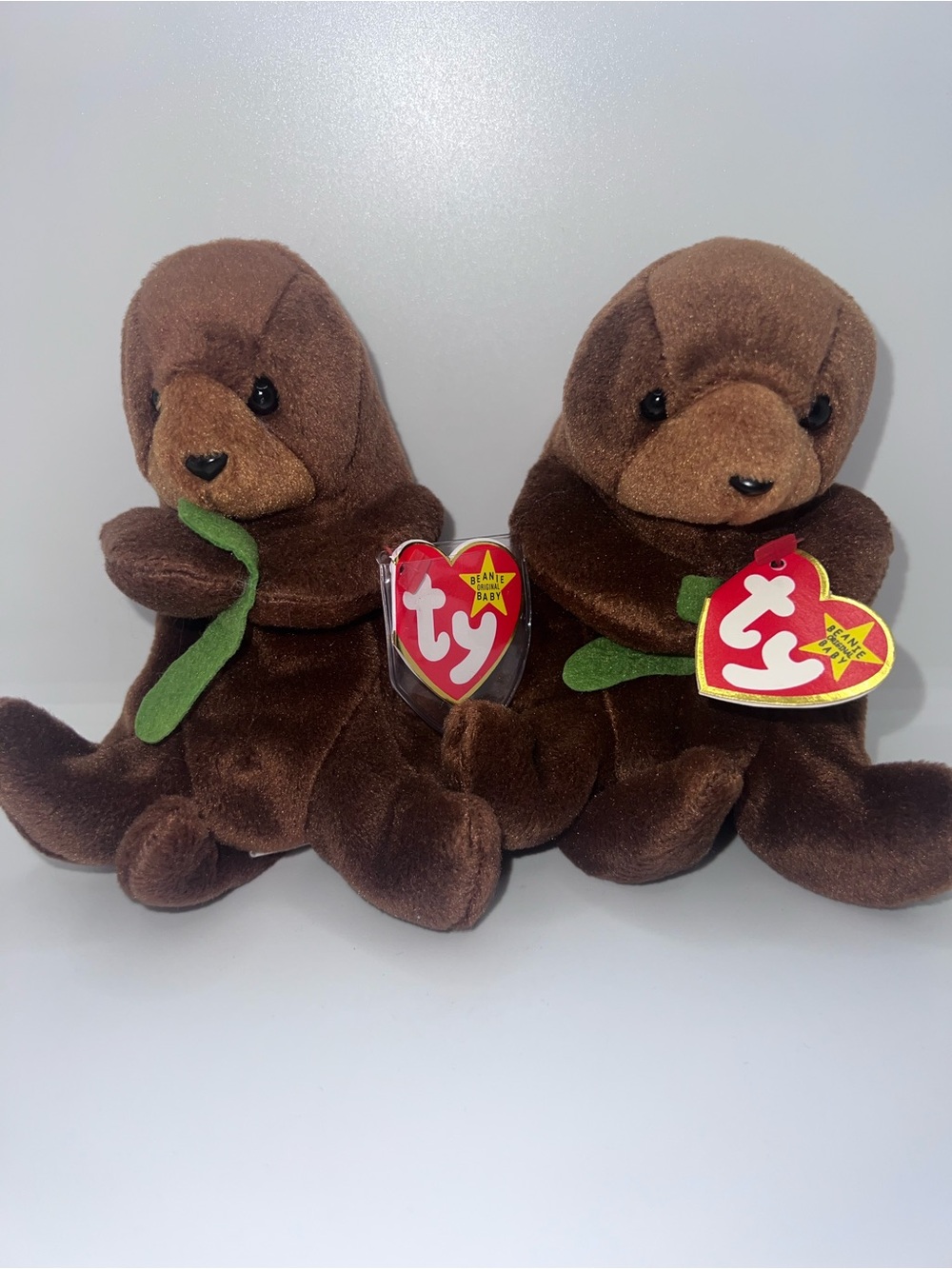 Ty Beanie Babies 1996 "Seaweed" Set Of 2 Plush Otter Stuffed Animals With Tags